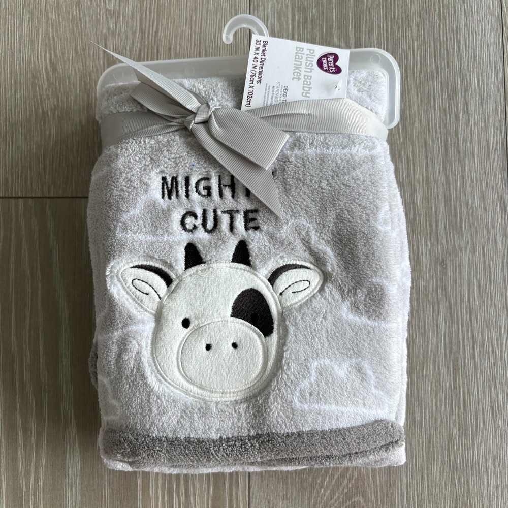 Parent's Choice Gray Mighty Cute Embroidered Cow Soft Warm Plush Baby Blanket